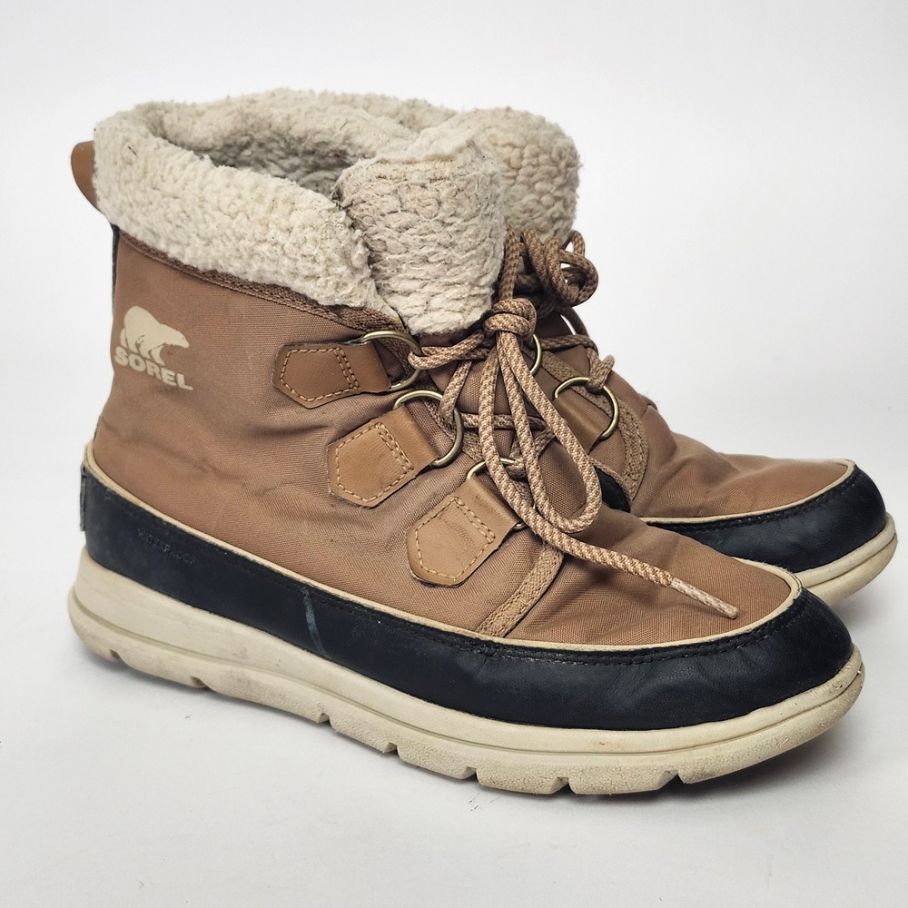 Sorel Explorer Carnival Waterproof Winter Boots Sherpa Tan Womens Size 8.5